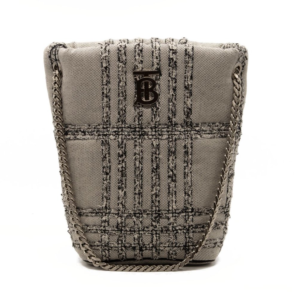 Burberry Small Lola Needle Punch Check Canvas Bucket Bag Black/White - Picture 5 of 12